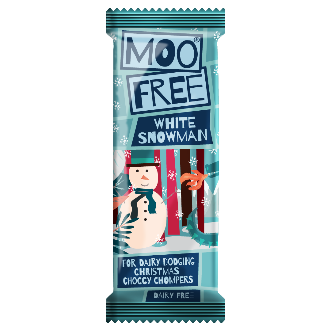 dairy free white chocolate snowman bar by moo free