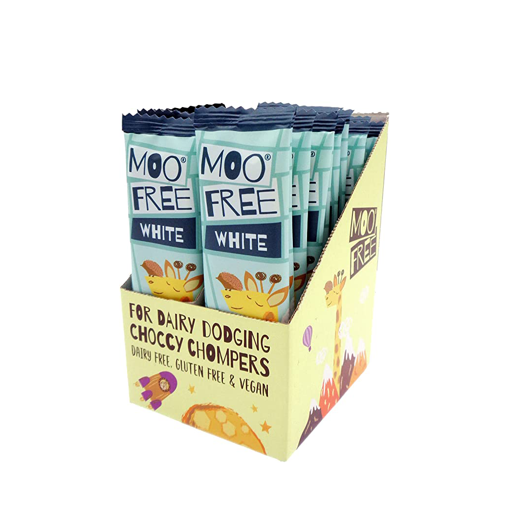 case of moo free dairy free white chocolate bars